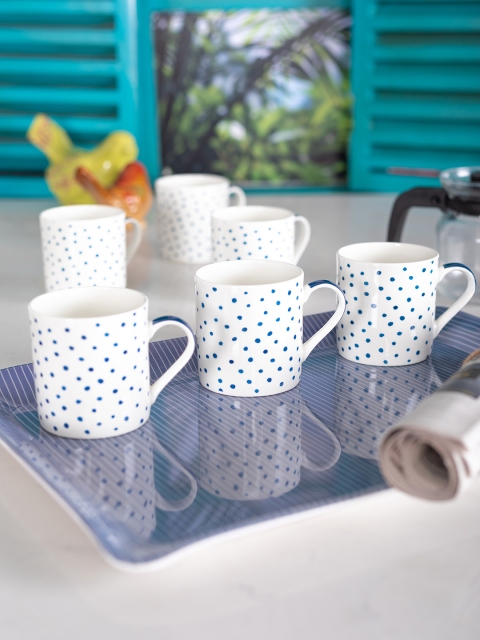 

GOODHOMES White & Blue Set of 6 Printed Tea Coffee Mug Set with Melamine Tray