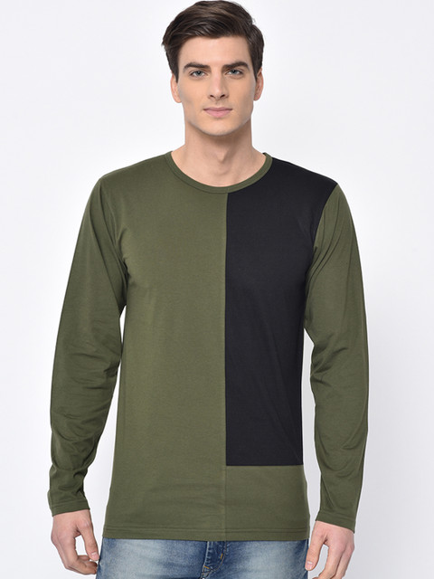 

VIMAL JONNEY Men Olive Green & Black Colourblocked Round Neck T-shirt