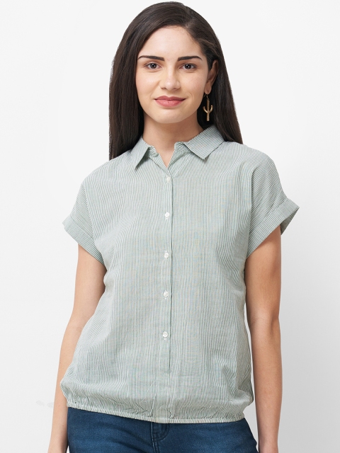 

109F Women Green Striped Shirt Style Pure Cotton Top