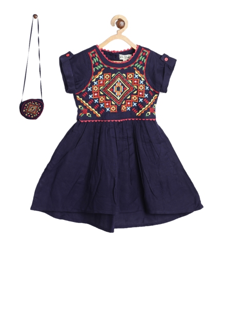 

Bella Moda Girls Blue Embroidered Fit and Flare Dress With Sling Bag
