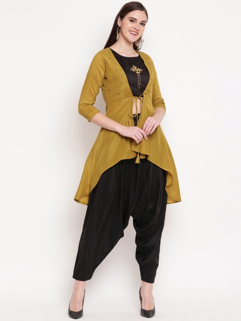 

Kvsfab Women Black & Mustard Yellow Embroidered Top with Salwar & Shrug