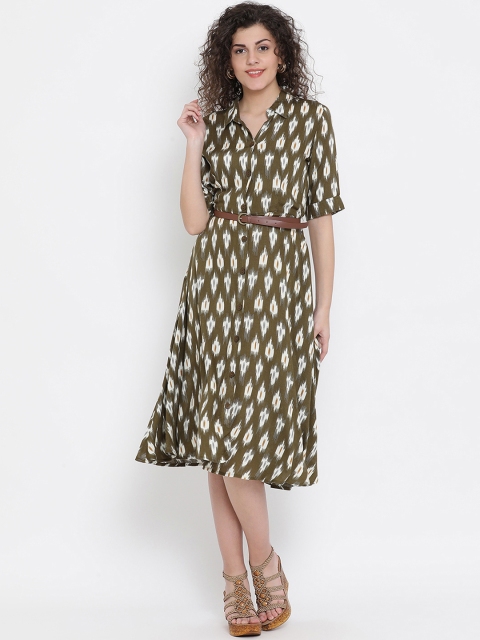 

Monte Carlo Women Olive Brown & White Printed Shirt Dress