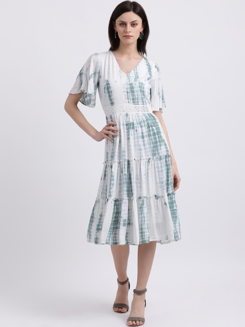 

Zink London Women White & Green Dyed Fit and Flare Dress