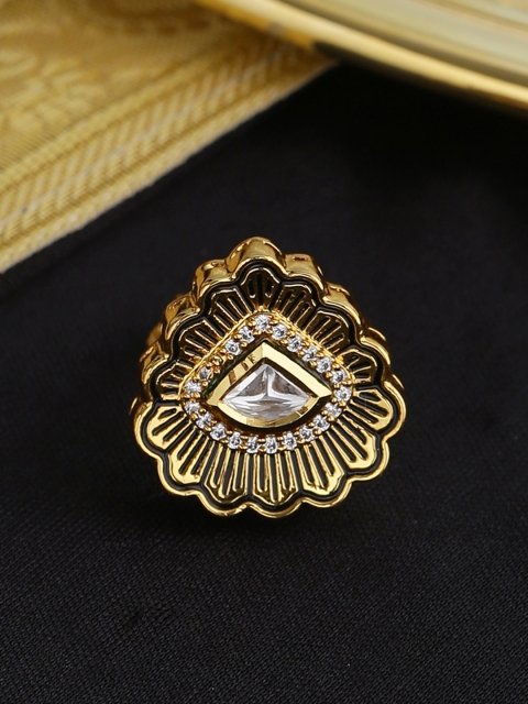 

Tistabene Gold-Plated White & Black Enamelled Kundan-Studded Handcrafted Adjustable Finger Ring