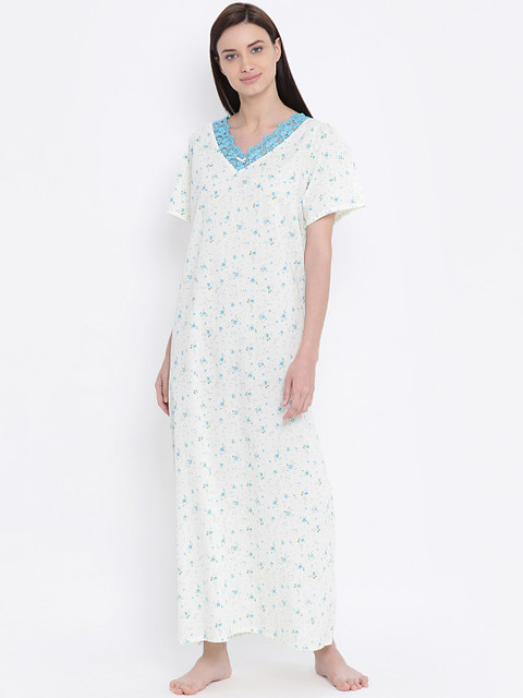 

Kanvin White & Turquoise Blue Printed Nightdress
