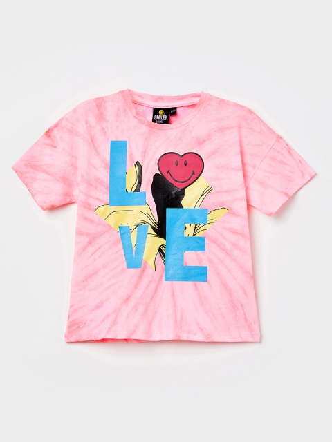 

Smiley World Girls Pink Printed Knitted Pure Cotton Top