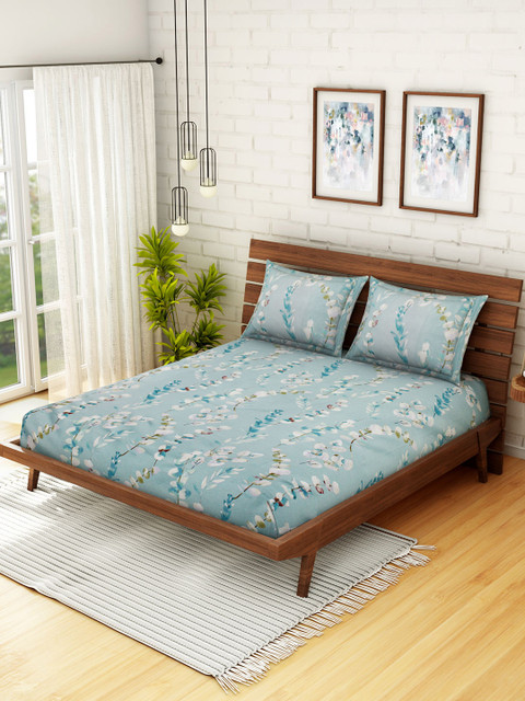 

WELHOME Blue & Grey Floral 160 TC Microfiber 1 Queen Bedsheet with 2 Pillow Covers