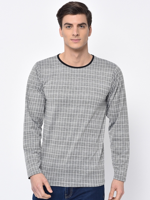 

VIMAL JONNEY Men Grey Melange Checked Round Neck T-shirt