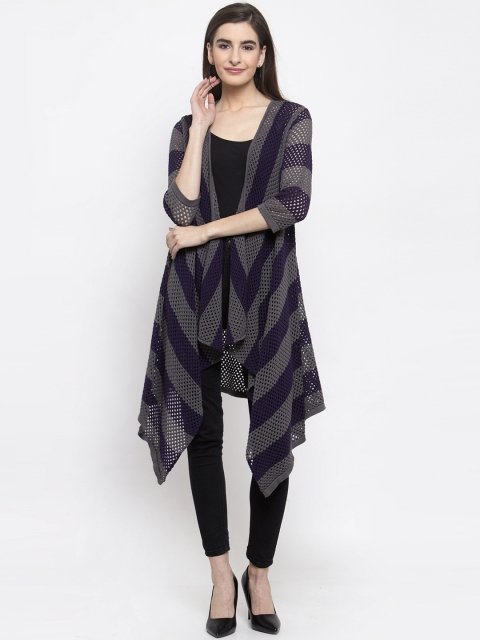 

Kalt Women Grey Melange & Purple Striped Open Front Shrug