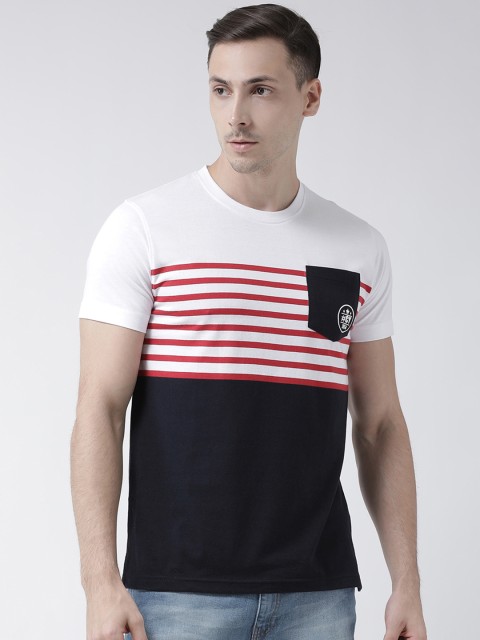 

Club York Men White & Navy Blue Striped Round Neck T-shirt