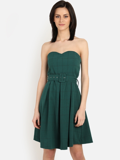 

COVER STORY Women Green Checked Fit and Flare Dress