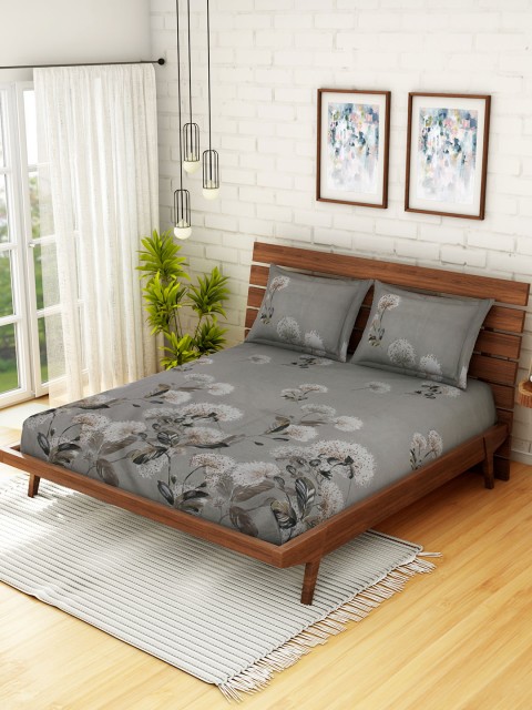 

WELHOME Grey Floral 200 TC Microfiber 1 Queen Bedsheet with 2 Pillow Covers