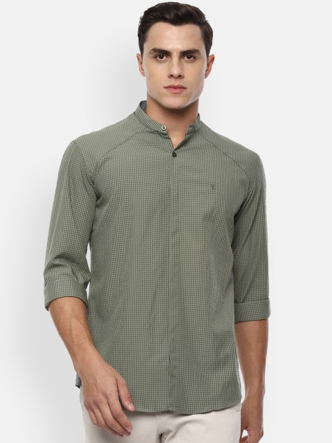 

V Dot Men Olive Green Slim Fit Checked Casual Shirt