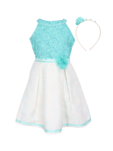 

CUTECUMBER Girls Turquoise Blue & White Self Design Fit and Flare Dress