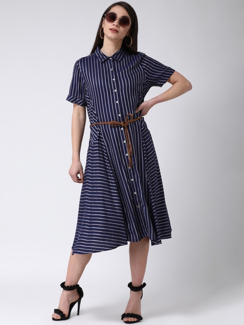 

Latin Quarters Women Blue & Off-White Striped Shirt Dress