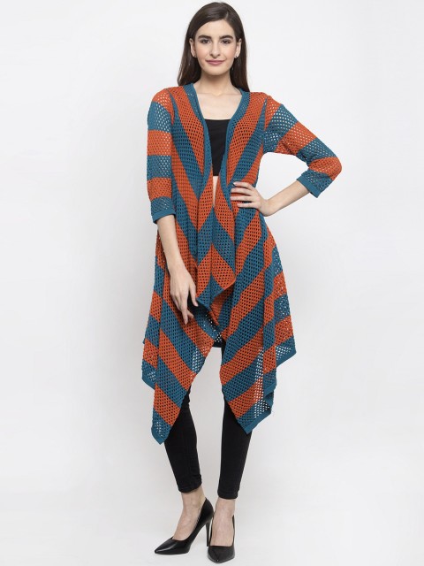 

Kalt Women Teal Blue & Orange Self Design Open Front Shrug
