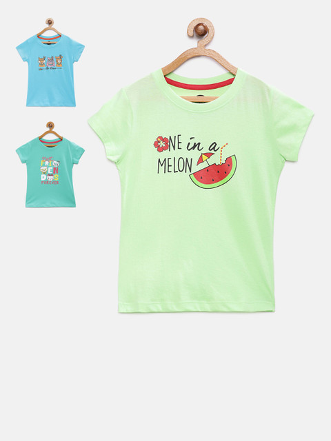 

Cub McPaws Girls Pack Of 3 Blue Printed Round Neck T-shirts