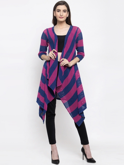 Kalt Women Pink & Blue Self Design Open Front Shrug