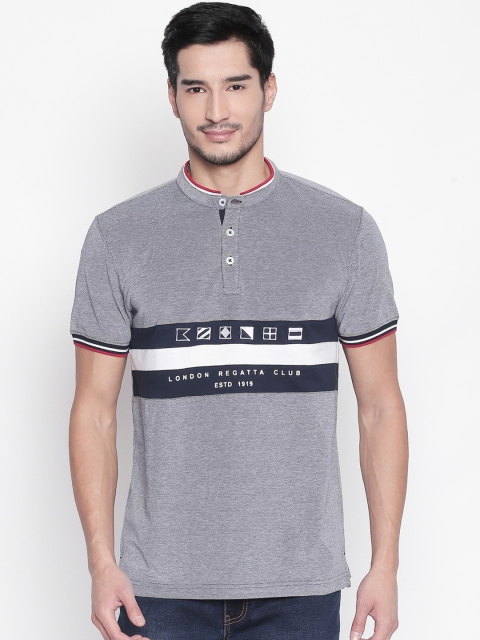 

BYFORD by Pantaloons Men Grey & Navy Blue Striped Mandarin Collar T-shirt