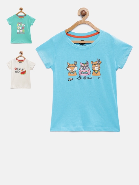 

Cub McPaws Girls Pack of 3 Printed Round Neck T-shirt, Blue