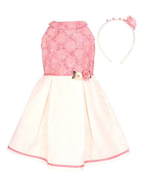 

CUTECUMBER Girls Pink & Cream-Coloured Self Design Fit and Flare Dress