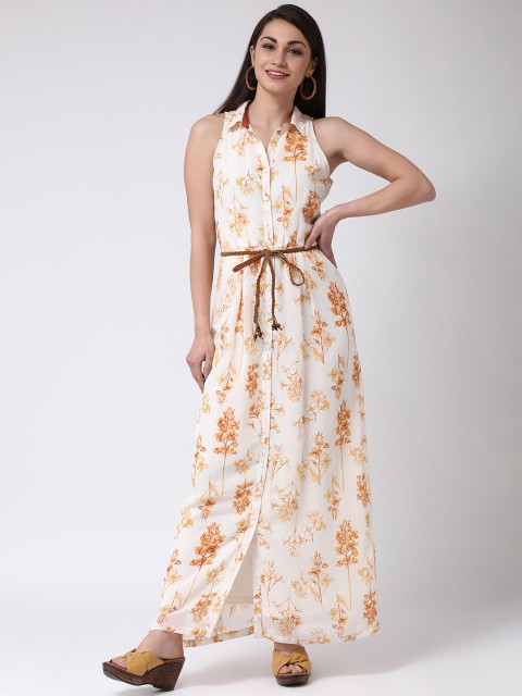 

Latin Quarters Women Off-White & Yellow Floral Print Shirt Dress