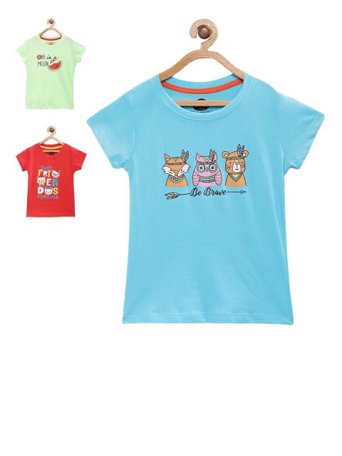 

Cub McPaws Girls Pack of 3 Printed Round Neck T-shirts, Blue