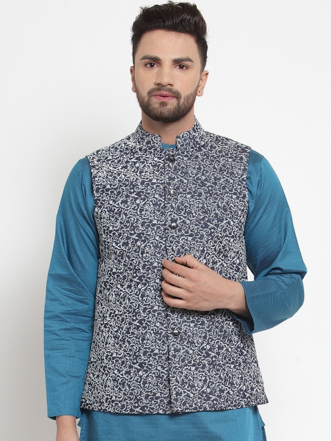 

NEUDIS Men Blue & Grey Printed Woven Pure Cotton Nehru Jacket