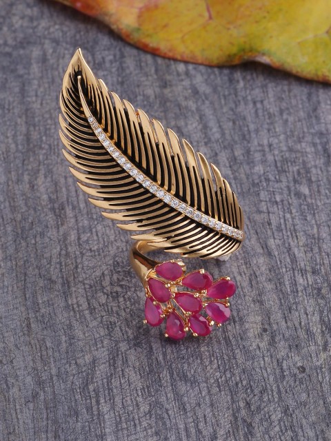 

Tistabene Gold-Plated Magenta & White Stone-Studded Handcrafted Cocktail Ring