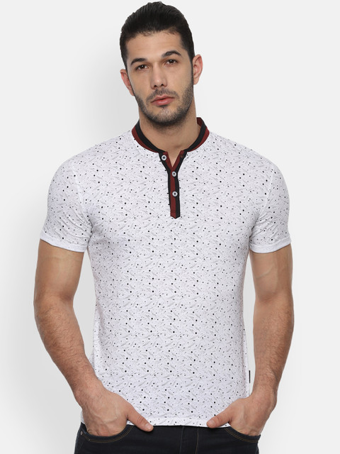 

V Dot Men White & Black Printed Mandarin Collar Slim Fit T-shirt