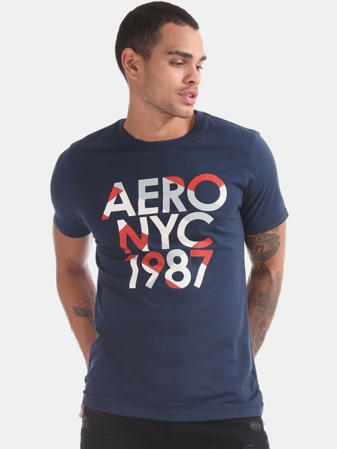 Aeropostale Men Navy Blue & Grey Printed Round Neck T-shirt