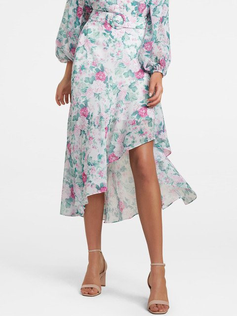 

Forever New Women White & Pink Floral Printed Flared Midi Skirt