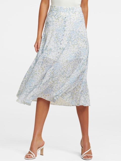 

Forever New Women Blue & White Printed A-Line Bronte Petite Button Front Midi Skirt