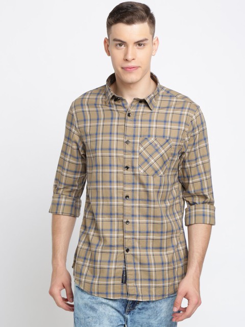 

TED HARBOR Men Camel Brown & Blue Slim Fit Checked Casual Shirt