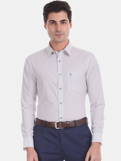 U.S. Polo Assn. Men White & Blue Regular Fit Printed Formal Shirt