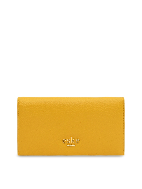 Women Yellow Solid Leather Two Fold Wallet