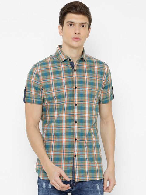 

AweTRend Men Green & Yellow Slim Fit Checked Casual Shirt
