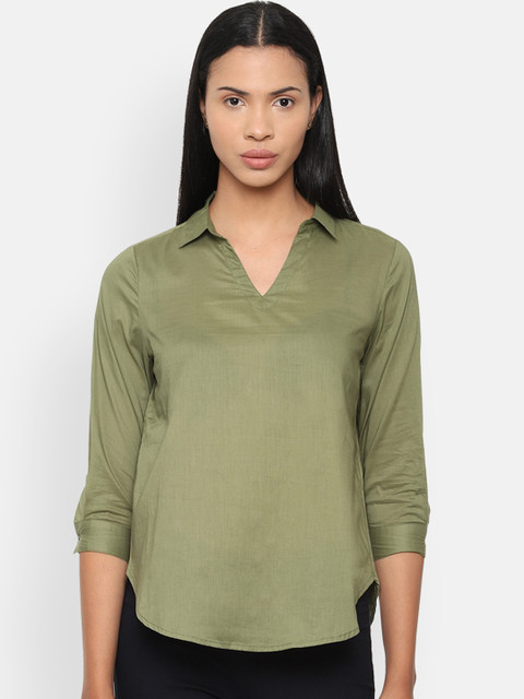 

Van Heusen Woman Olive Green Solid Shirt Style Pure Cotton Top