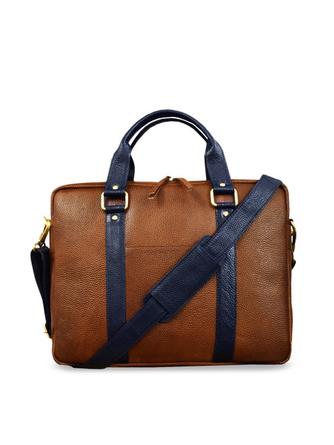 

ABYS Unisex Tan Brown & Navy Blue Solid Leather Laptop Bag