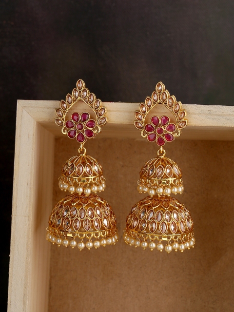 

Voylla Gold-Plated & Pink Dome Shaped Layered Jhumkas