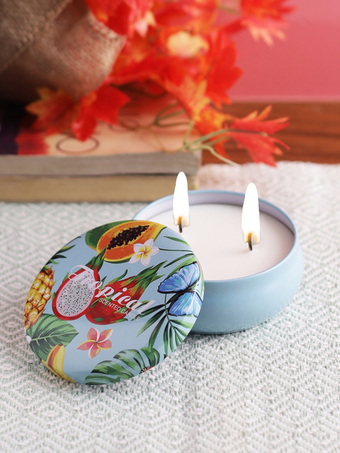 

Aapno Rajasthan Blue & Green Printed Tropical Scented Pleasant Smell Candle With Lid