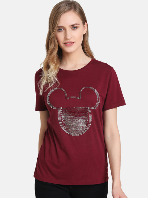 

Kazo Women Maroon & Grey Mickey Mouse Embellished Round Neck T-shirt