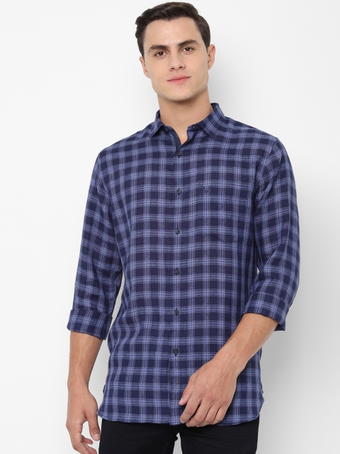 

Allen Solly Men Navy Blue & Off-White Slim Fit Checked Casual Linen Shirt