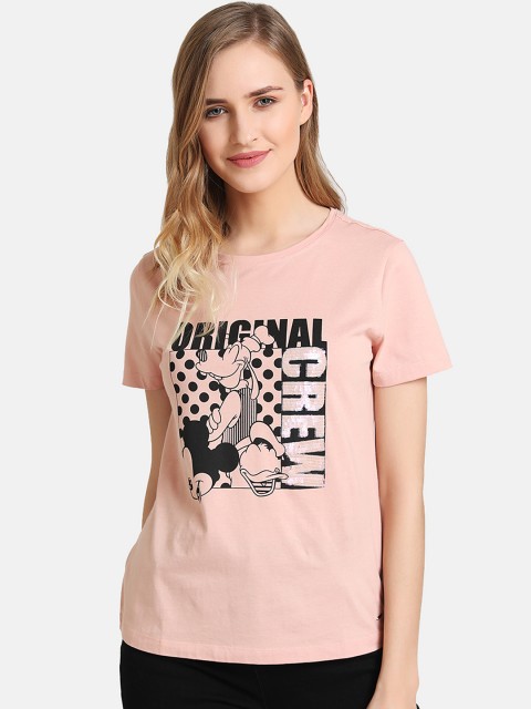 

Kazo Women Pink & Black Mickey & Friends Printed Round Neck T-shirt