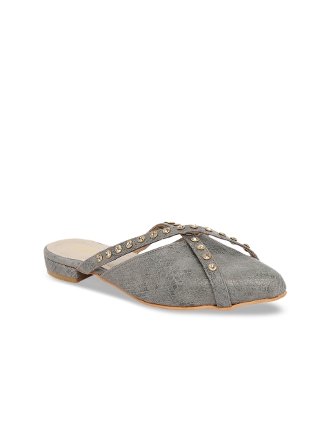 

CHINI C Women Grey Embellished Leather Mules