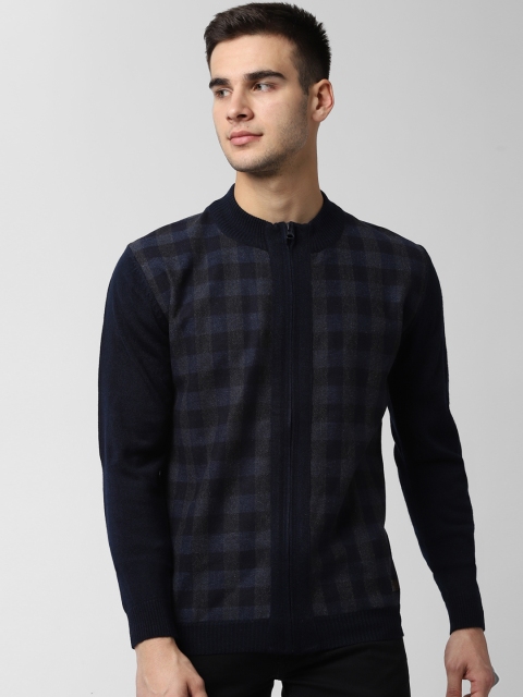 

Peter England Casuals Men Navy Blue Checked Front-Open Sweater