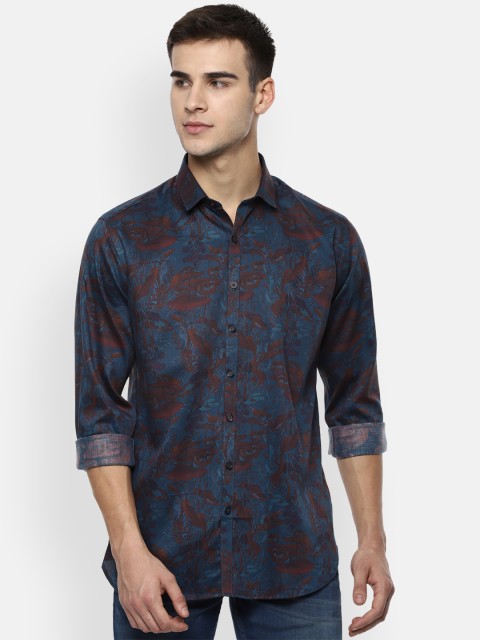 

V Dot Men Navy Blue & Brown Slim Fit Printed Casual Shirt