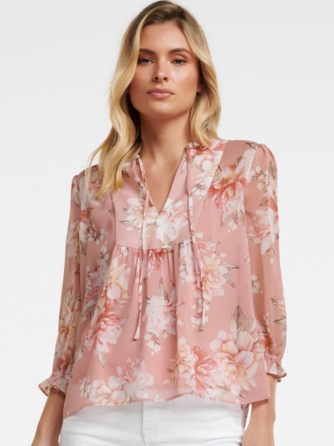 

Forever New Women Pink & White Printed A-Line Top