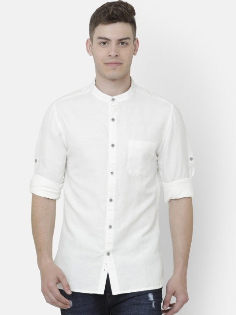 

AweTRend Men White Slim Fit Solid Casual Linen Shirt