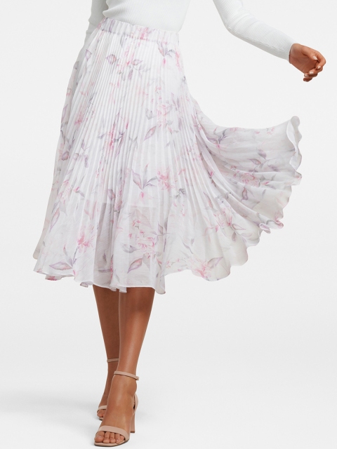 

Forever New Women White & Pink Printed Flared Midi Pleated Skirt